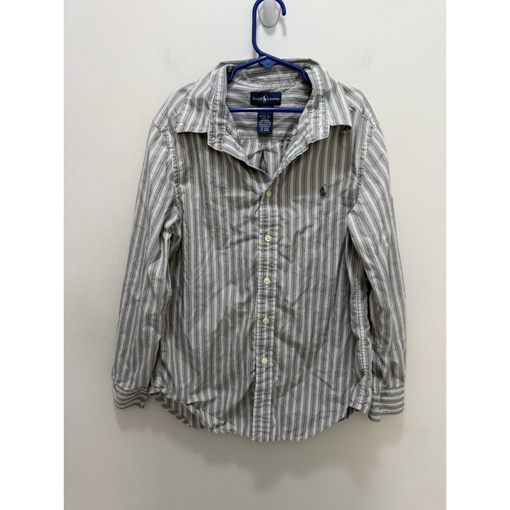 Ralph Lauren Boys Striped Long Sleeve‎ Button Down Shirt Size M (10-12) Gray